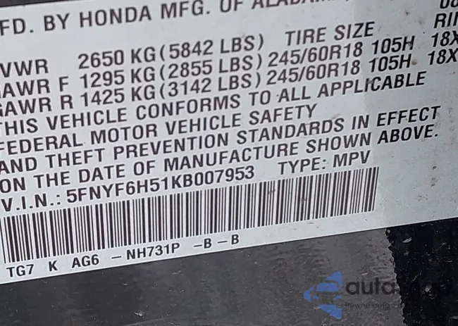 5FNYF6H51KB007953: 44307472