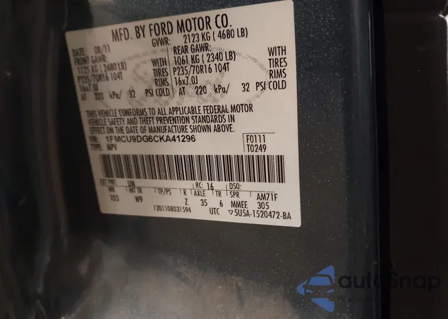 1FMCU9DG6CKA41296: 44306870