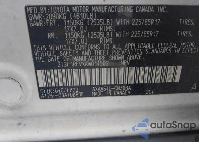 2T3F1RFVXKW014503: 44306907