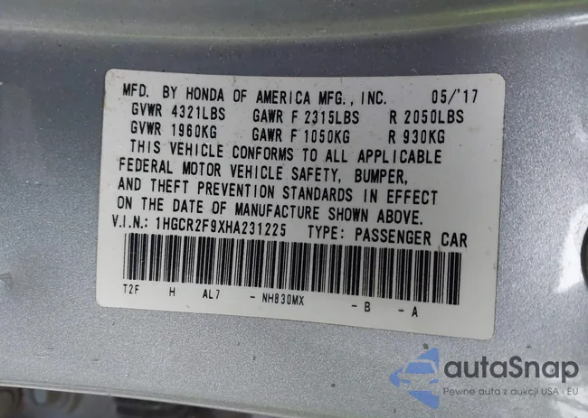 1HGCR2F9XHA231225: 44308567