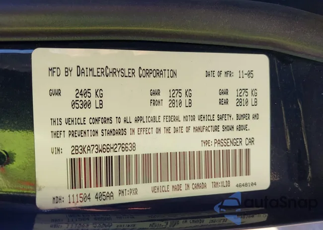 2B3KA73W66H276638: 44307812