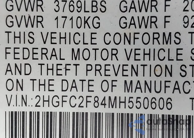2HGFC2F84MH550606: 44309027