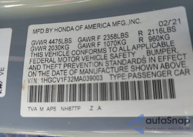 1HGCV1F32MA039003: 44310277