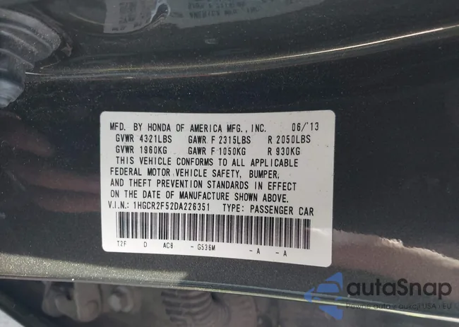 1HGCR2F52DA226351: 44311096