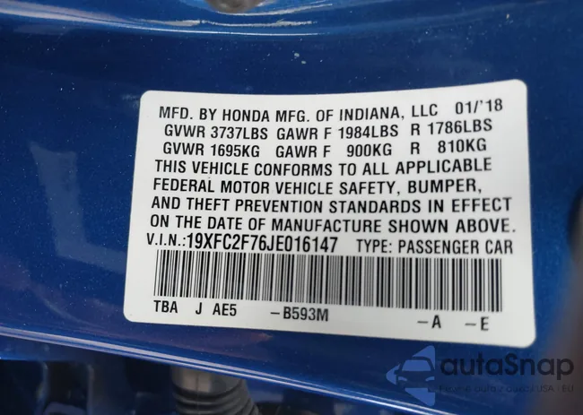 19XFC2F76JE016147: 44310627