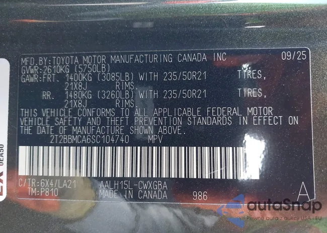 2T2BBMCA6SC104740: 44310768