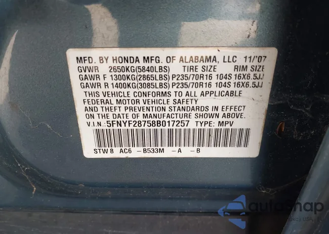 5FNYF28758B017257: 44310912