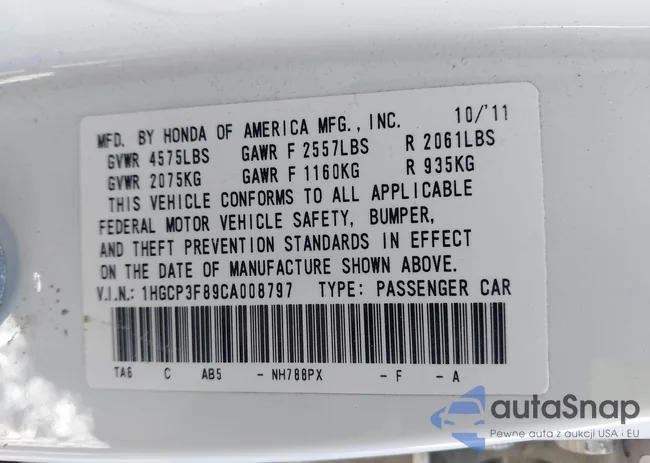 1HGCP3F89CA008797: 44312232