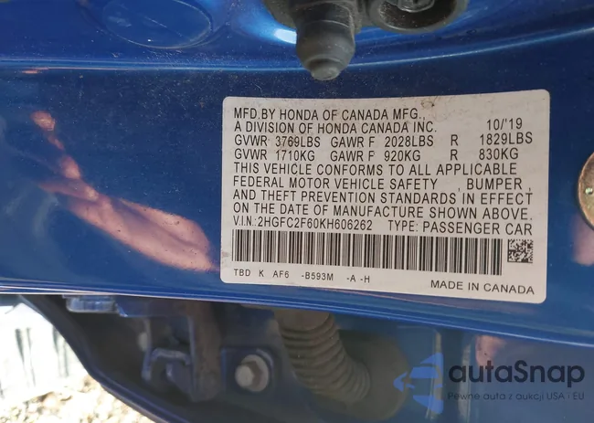 2HGFC2F60KH606262: 44312529