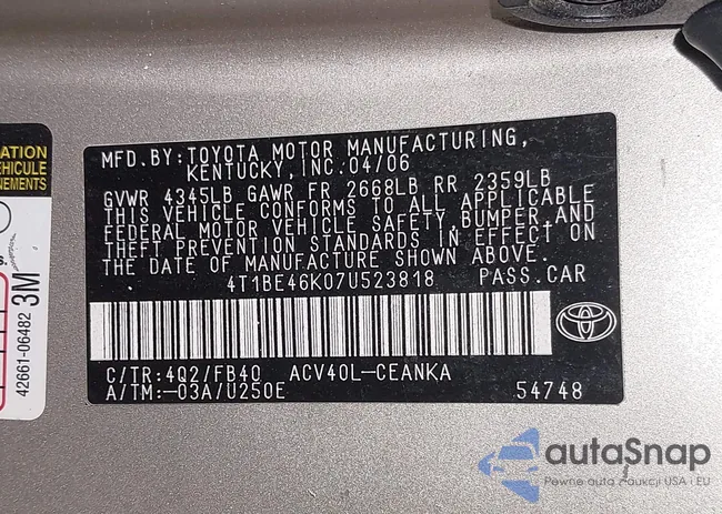 4T1BE46K07U523818: 44311644