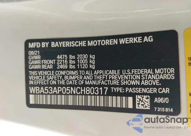 WBA53AP05NCH80317: 44312642