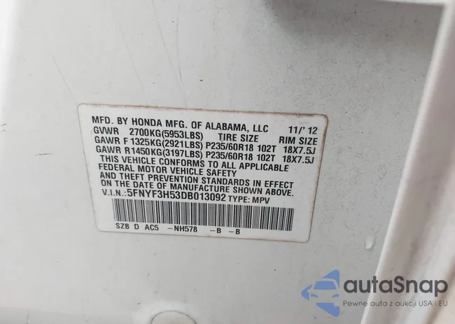 5FNYF3H53DB013092: 44313857