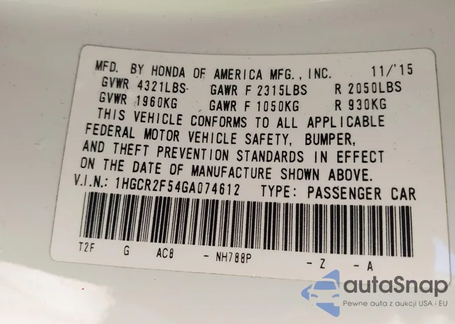 1HGCR2F54GA074612: 44315345