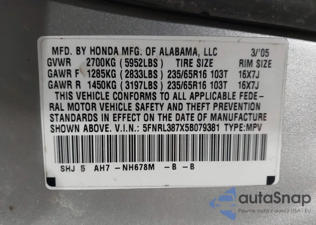 5FNRL387X5B079381: 44315393