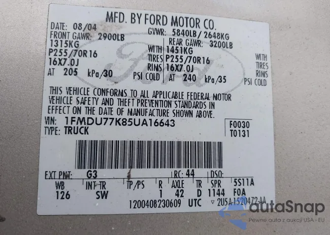 1FMDU77K85UA16643: 44314724