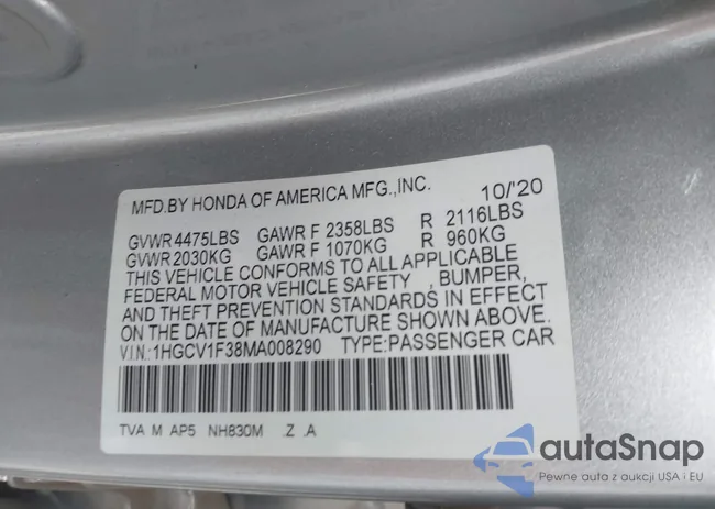 1HGCV1F38MA008290: 44319975