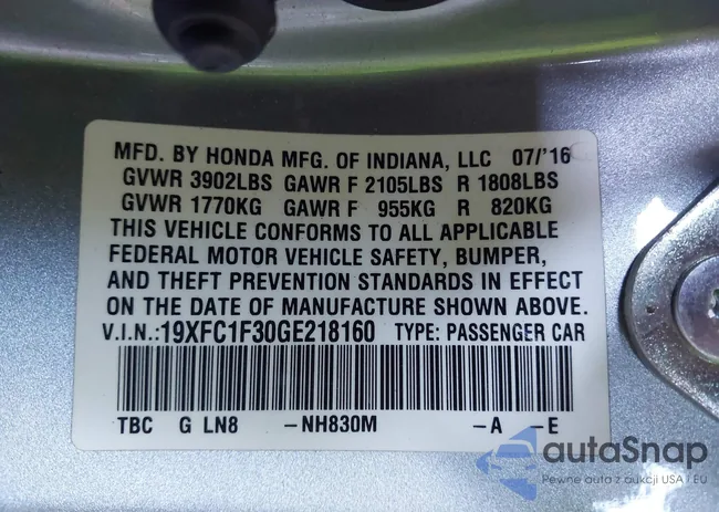 19XFC1F30GE218160: 44321327