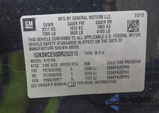 1GNSKCE00DR292819: 44323456