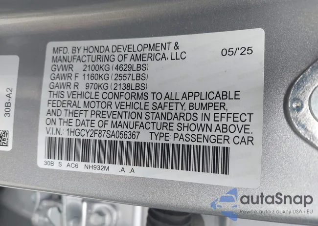 1HGCY2F87SA056367: 44322703