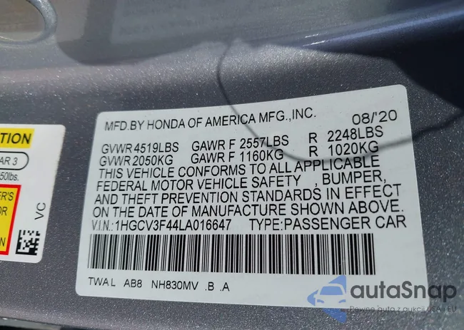 1HGCV3F44LA016647: 44326161