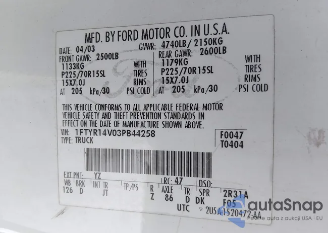 1FTYR14V03PB44258: 44325607