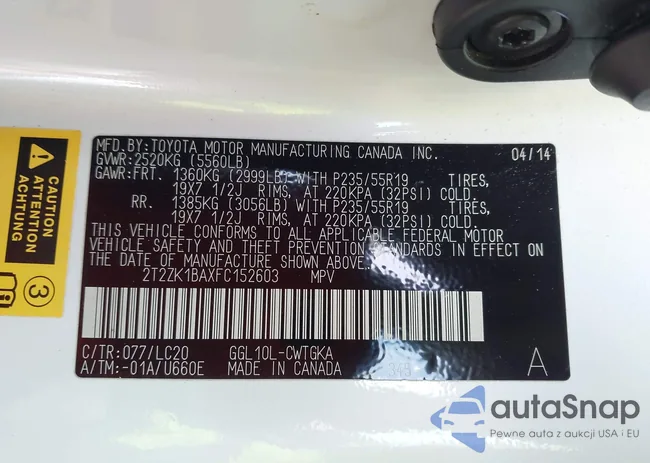 2T2ZK1BAXFC152603: 44327057