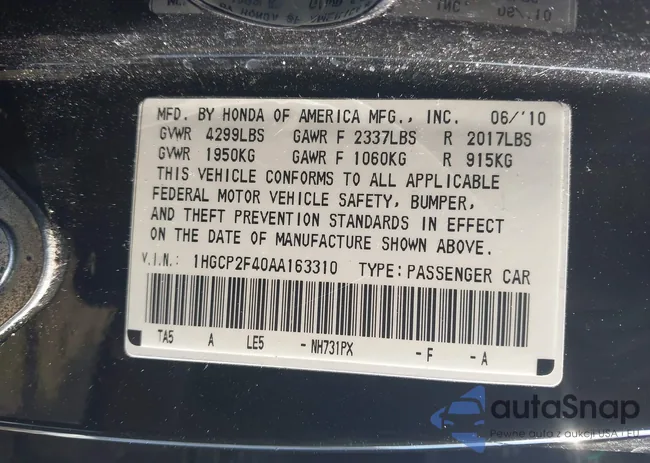 1HGCP2F40AA163310: 44327080