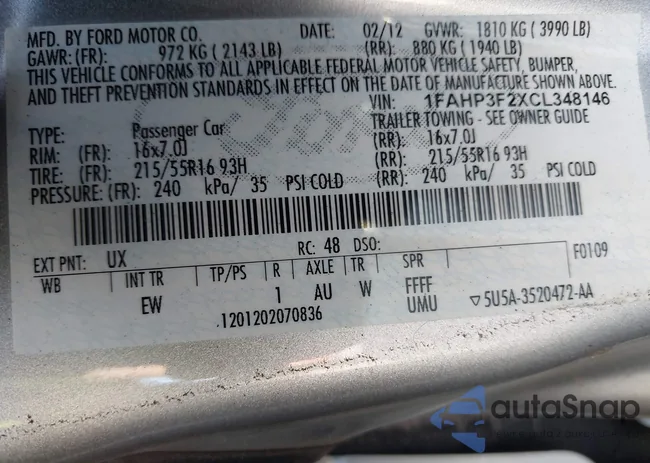 1FAHP3F2XCL348146: 44327707