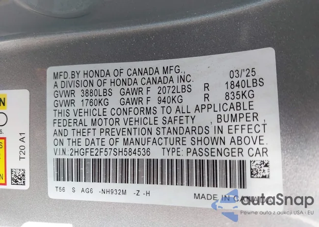 2HGFE2F57SH584536: 44332222