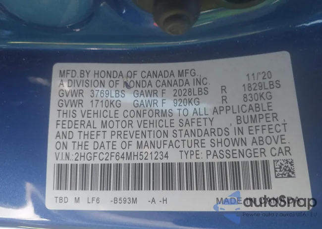 2HGFC2F64MH521234: 44332400