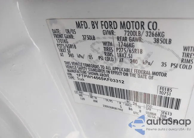 1FTPW14565KF03312: 44333320