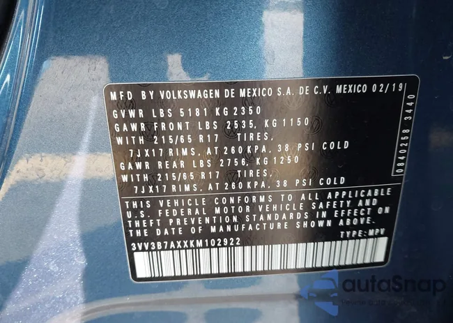 3VV3B7AXXKM102922: 44334426