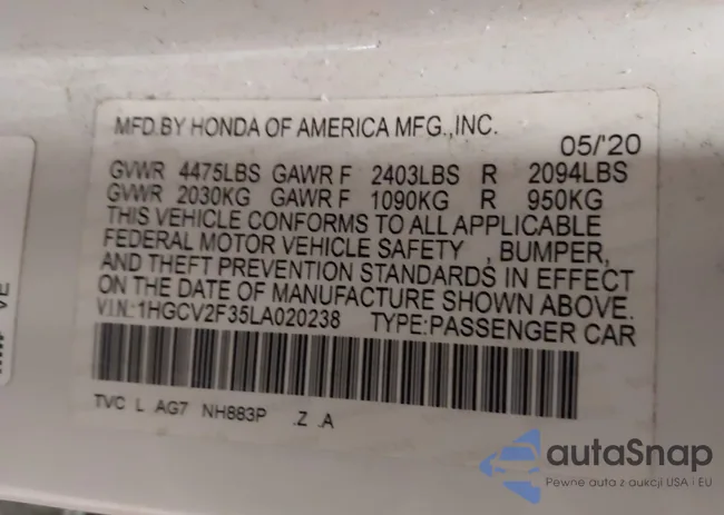 1HGCV2F35LA020238: 44340002