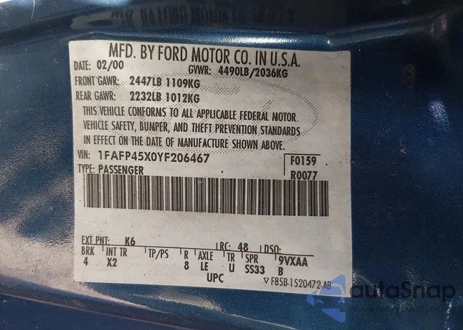 1FAFP45X0YF206467: 44340500