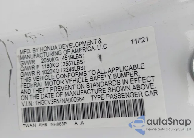 1HGCV3F57NA000664: 44342254