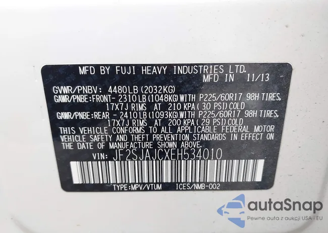 JF2SJAJCXEH534010: 44342335