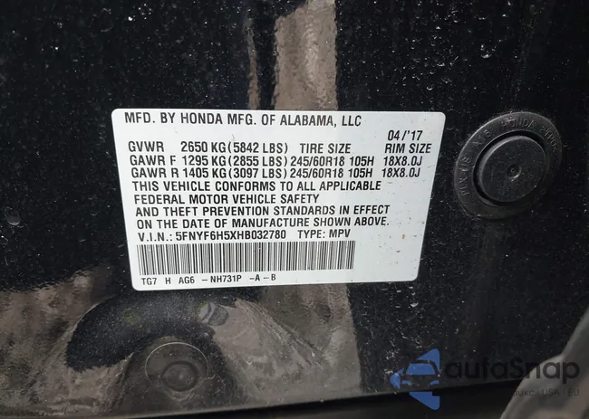 5FNYF6H5XHB032780: 44341673