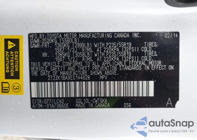 2T2ZK1BAXEC144628: 44343023