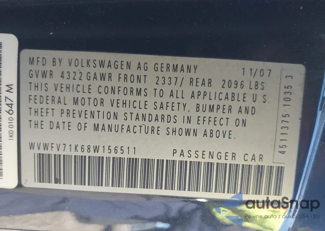 WVWFV71K68W156511: 44343072