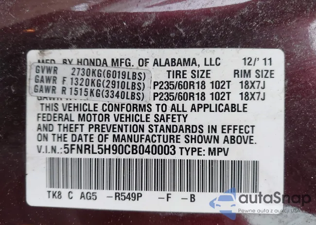 5FNRL5H90CB040003: 44343086