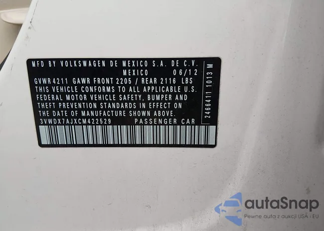 3VWDX7AJXCM422529: 44344229