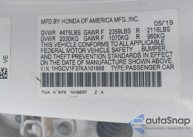 1HGCV1F37KA101668: 44346310