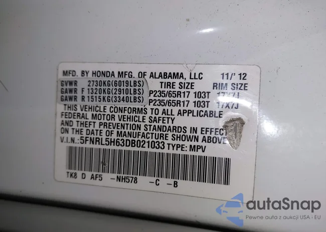 5FNRL5H63DB021033: 44350105