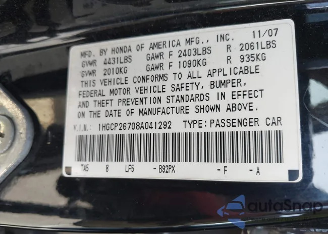 1HGCP26708A041292: 44351243