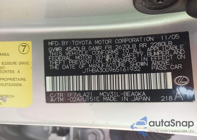 JTHBA30G965161932: 44351456