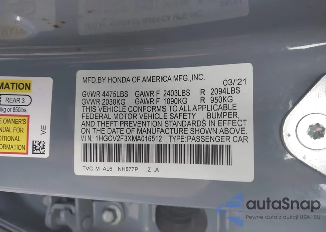 1HGCV2F3XMA016512: 44355431