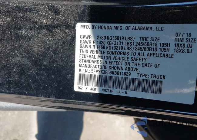 5FPYK3F56KB011629: 44355433