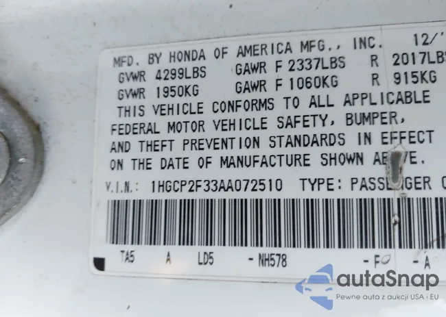 1HGCP2F33AA072510: 44355535