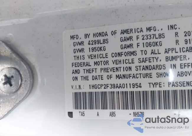 1HGCP2F39AA011954: 44354579