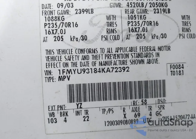 1FMYU93184KA72392: 44354645